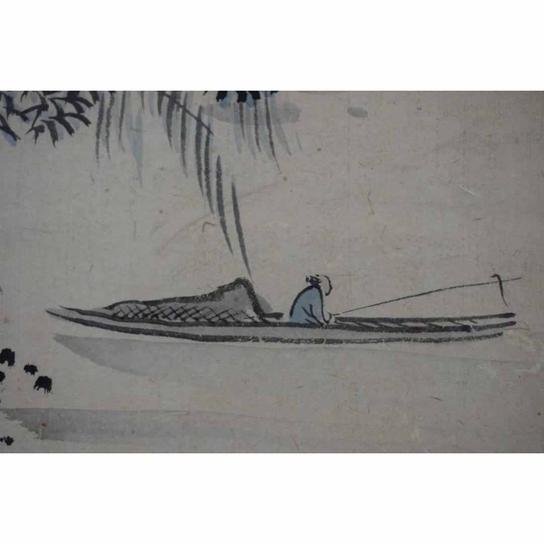 真作/福田半香/秋湖独釣図/秋景山水図/横物/掛軸