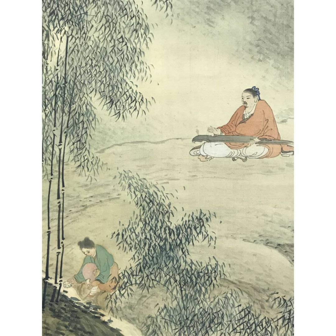 真作/翠村/竹林琴弾図/山水図/竹林山水図/掛軸/名家伝来/AD-880