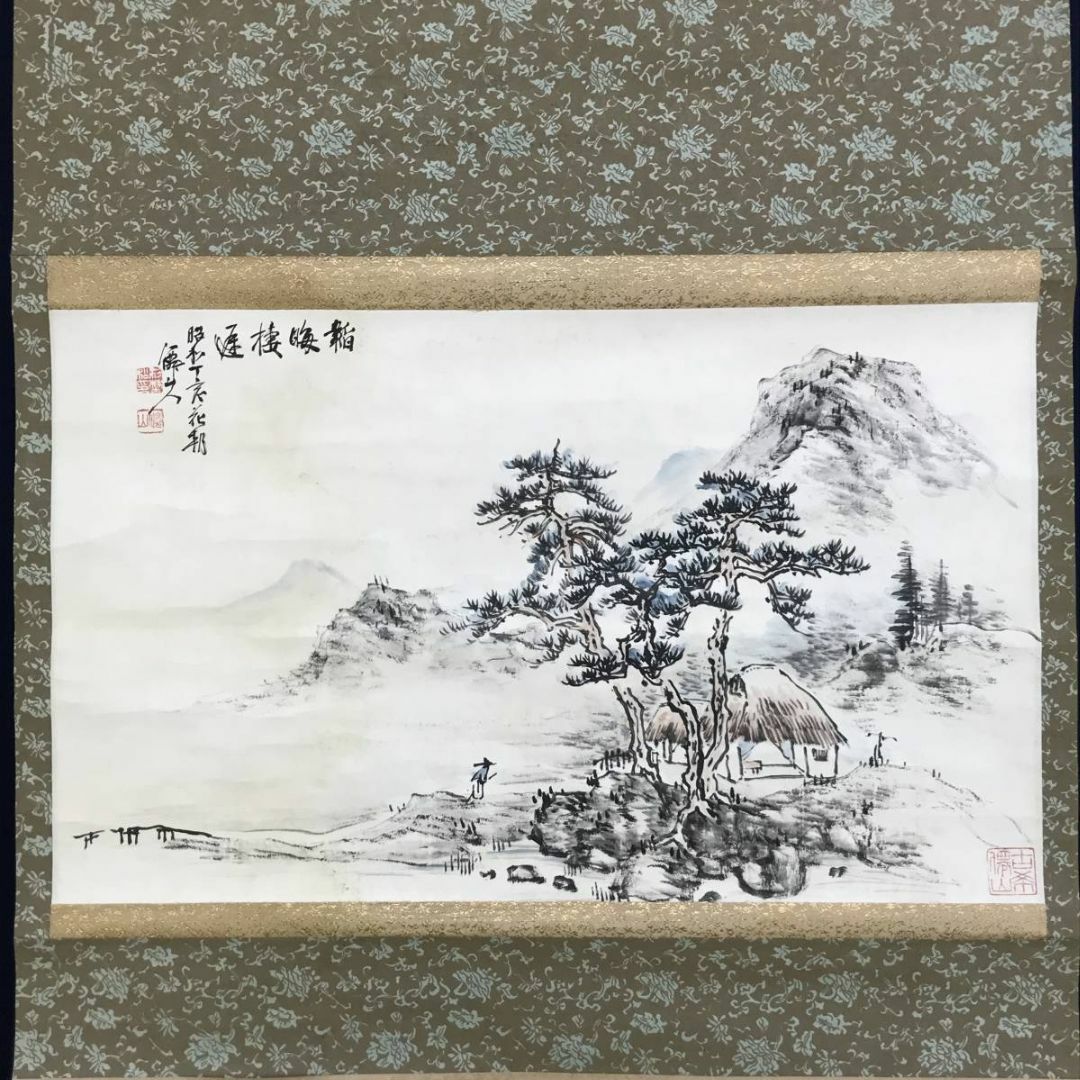 真作 荻野次郎画 自題 早春 掛軸 岩絵具 二重箱 共箱 木製筒 高級表装