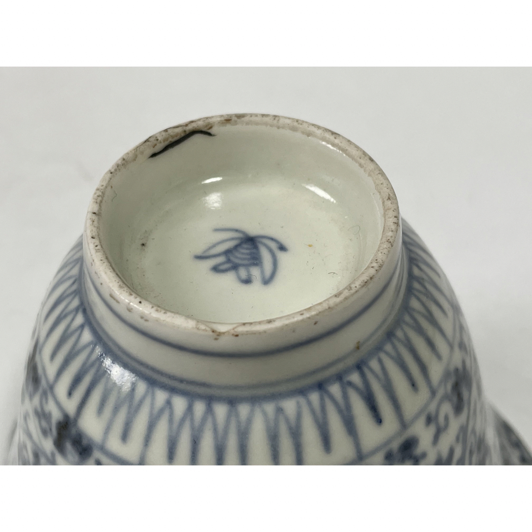 骨董アンティーク古伊万里染付微塵唐草文様輪花縁蕎麦猪口向付Rosen