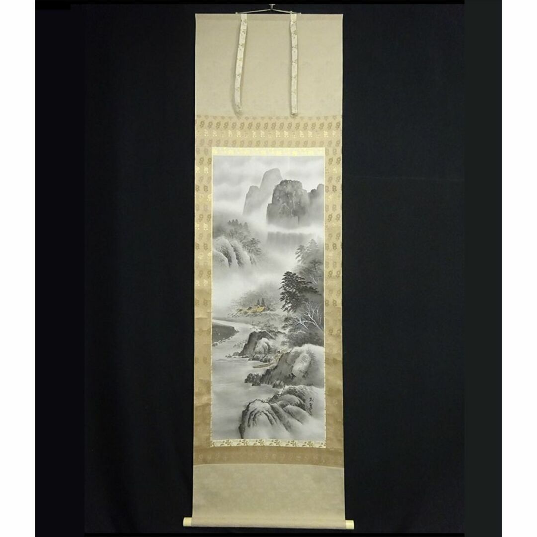 掛軸 玉翠『水墨山水図』日本画 絹本 肉筆 共箱付 掛け軸 a042612の