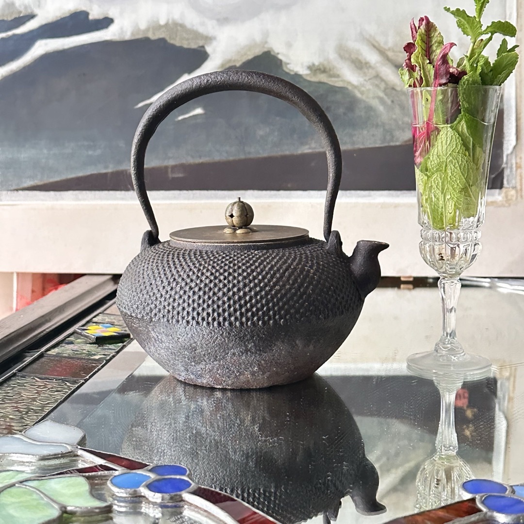 龍文堂造 鉄瓶 道安形 銀摘み 龍文堂造 時代鉄瓶 煎茶道具