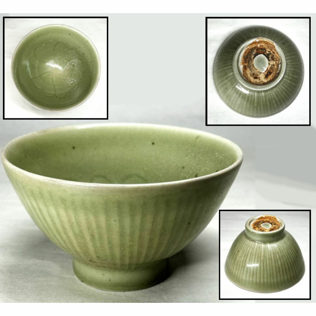 宋から元時代 青磁 龍泉窯暗刻模様弦文碗鉢茶碗唐物古賞物(E-94)