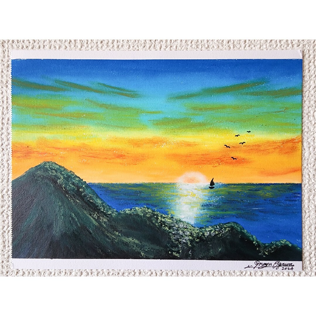 油彩画 海と山の風景 シルバーフレーム