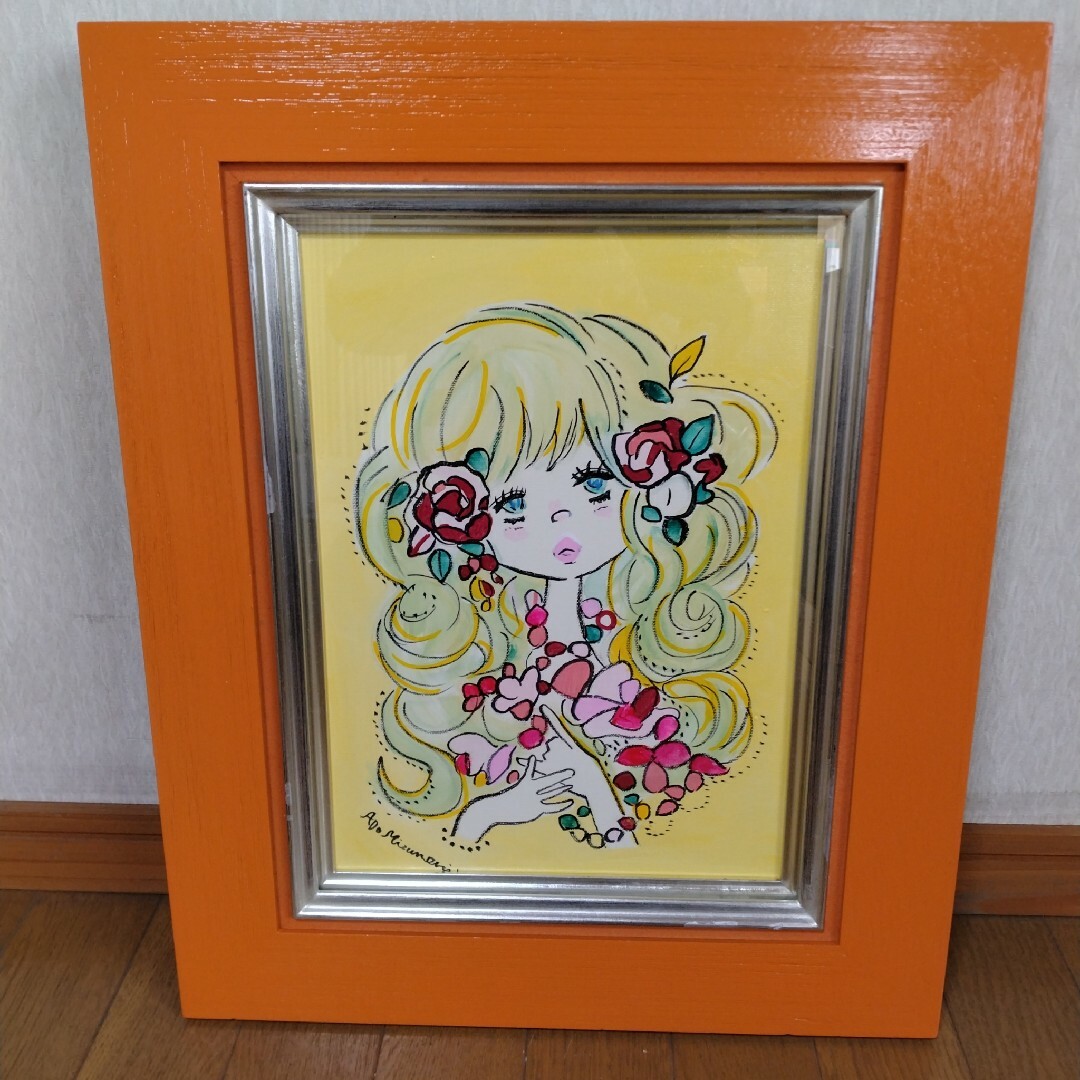 F4号】手描き油彩 水森亜土 額縁 サイン 絵画 人気作品 女の子 人気