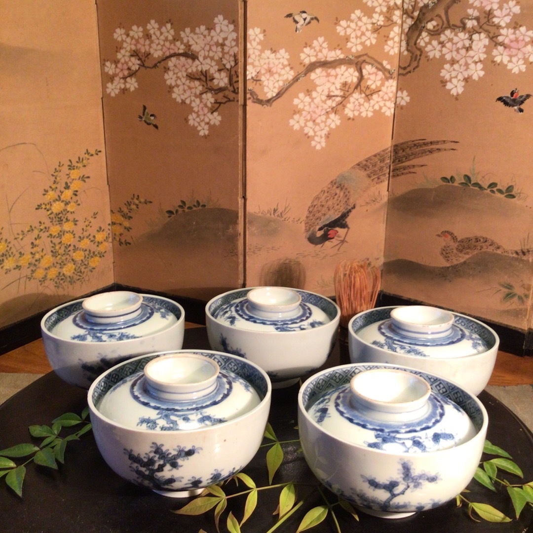 A818 古伊万里 染付 橘紋様 蓋茶碗 5客 A818 古伊万里 染付