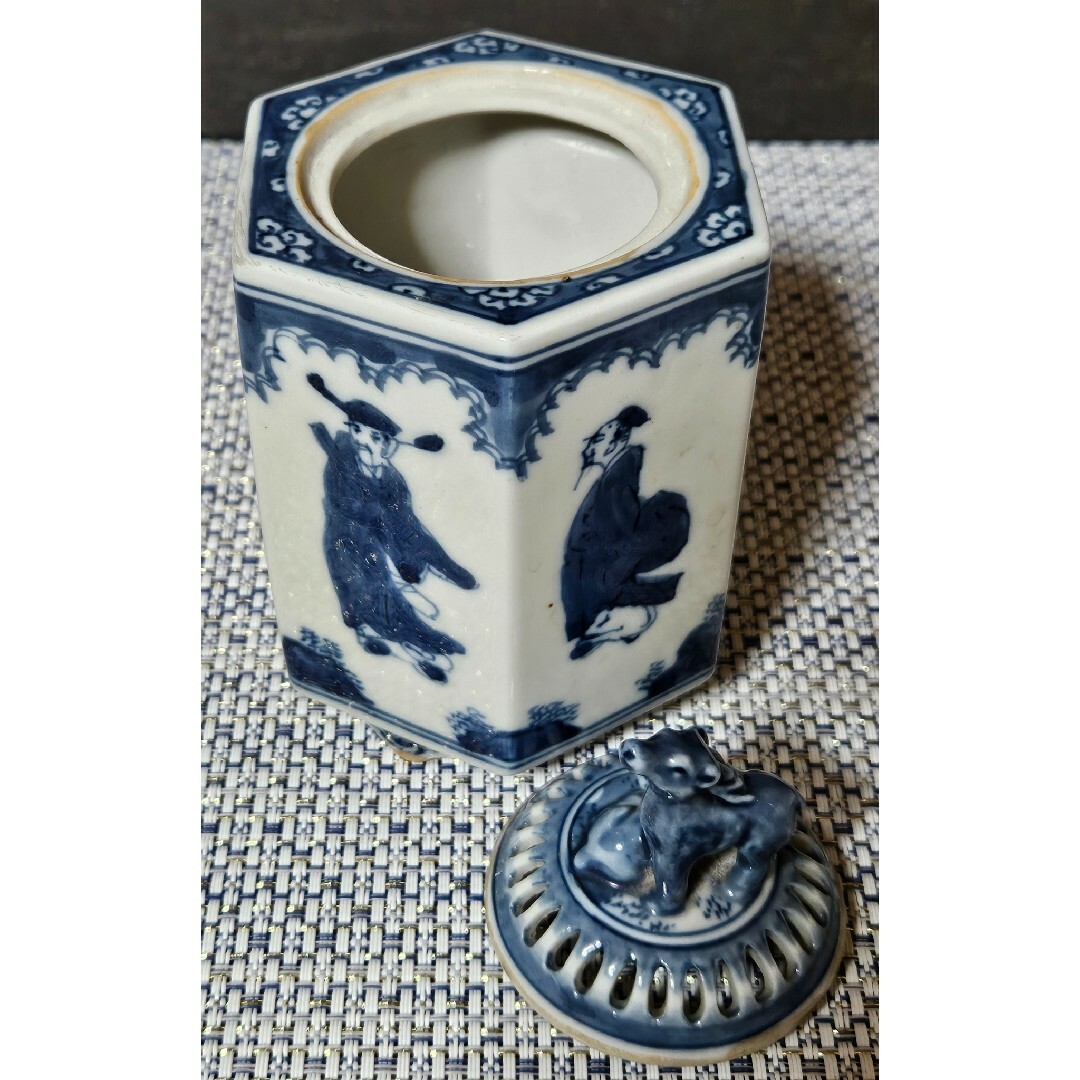 伊万里染付 双鹿摘み 人物図 六角形 香炉 茶道具 茶器 香道具 香道