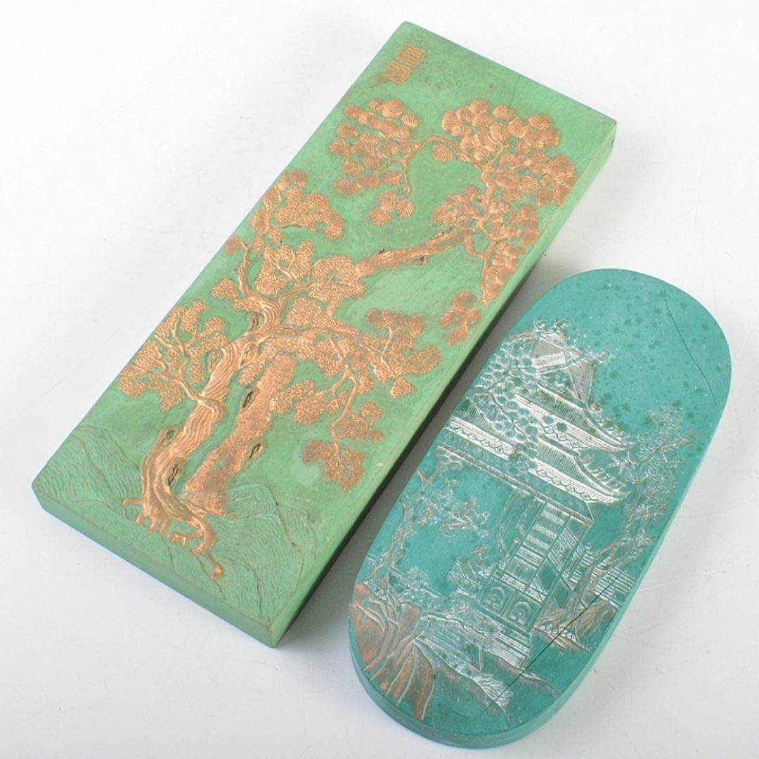 中国古美術 山水図 漢詩文 在銘 墨床 文鎮 墨置 書道具