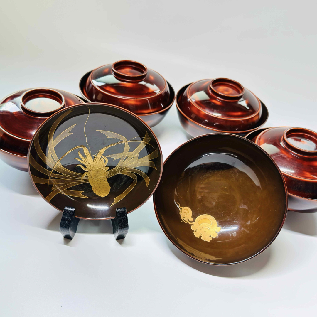漆器輪島塗 蒔絵金彩細工 沈金木製 蓋付椀 お煮物椀 吸物椀 10