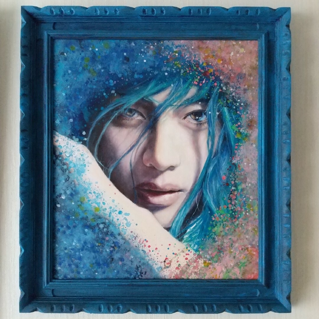 絵画インテリア 額付 (青緑＋金色の枠) 油絵 F6-050113 人物女性像