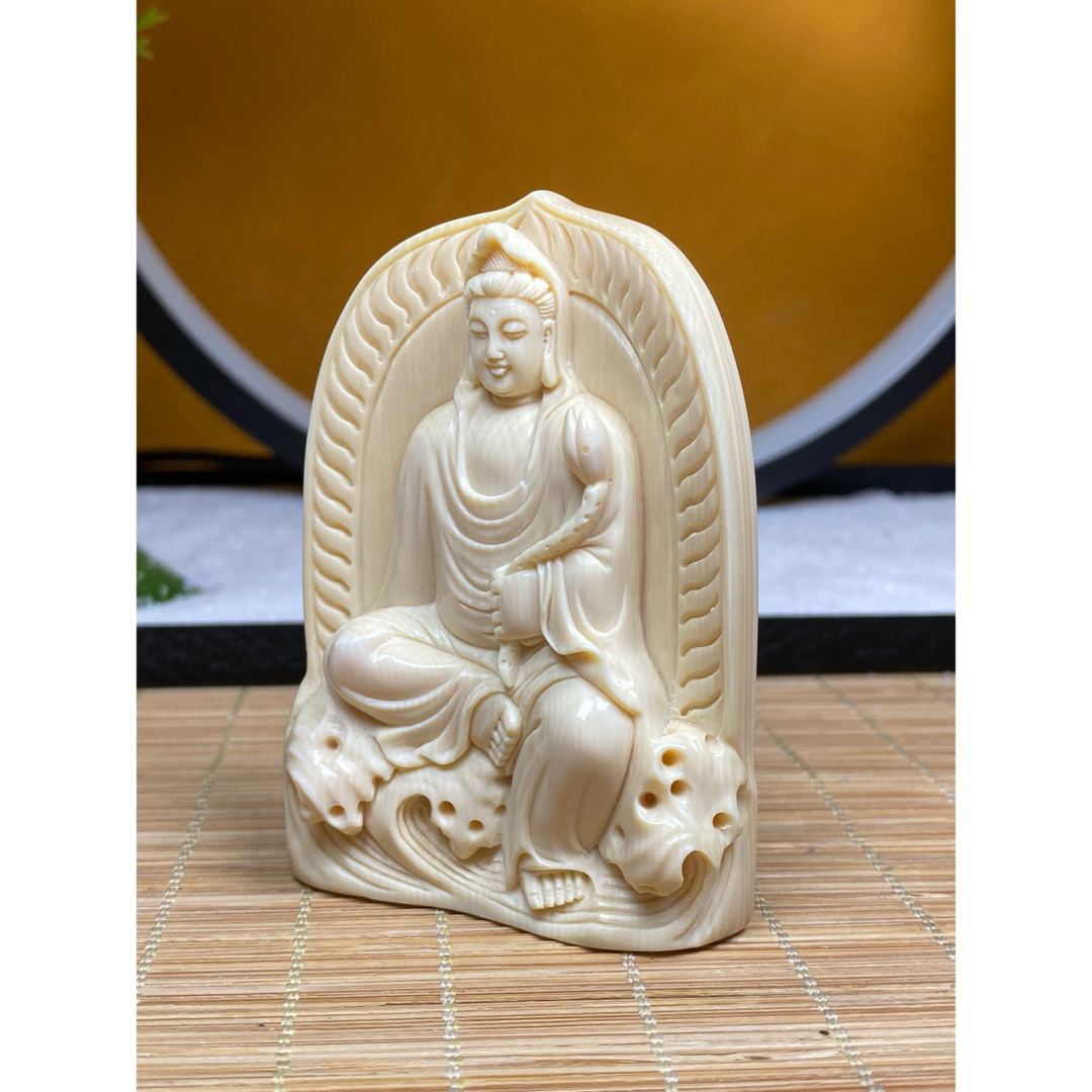 天然マンモス牙美しい手作り彫刻山水筆筒置物