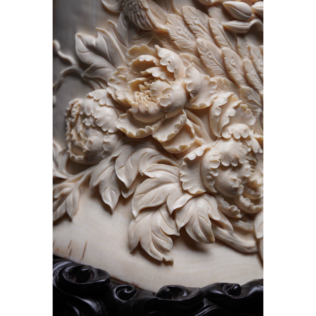 天然マンモス牙美しい手作り彫刻 鳳凰 筆筒 天然マンモス牙美しい