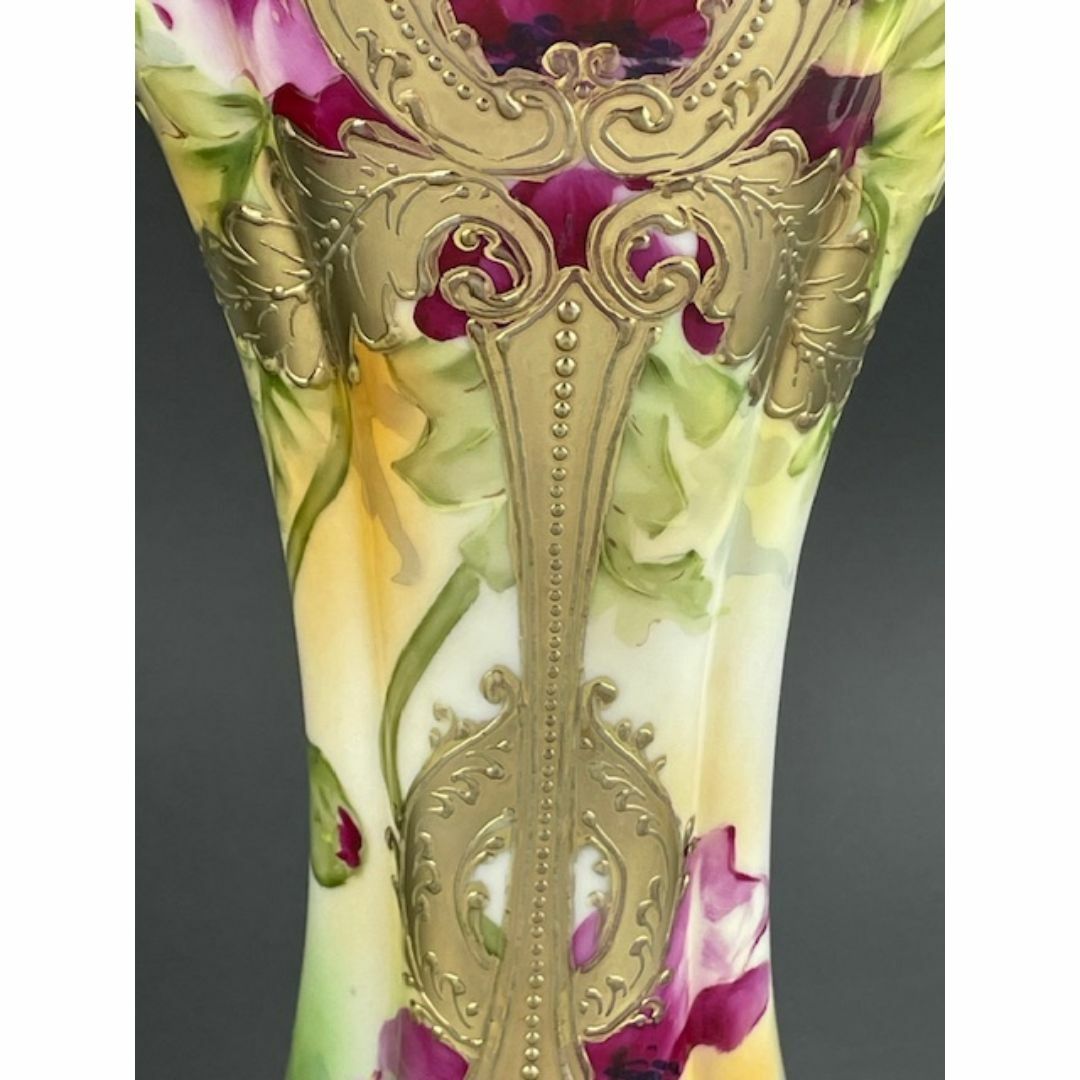 大型】オールドニッポン 約30㎝ 芥子紋花瓶 アールヌーボー 金盛り ポピー