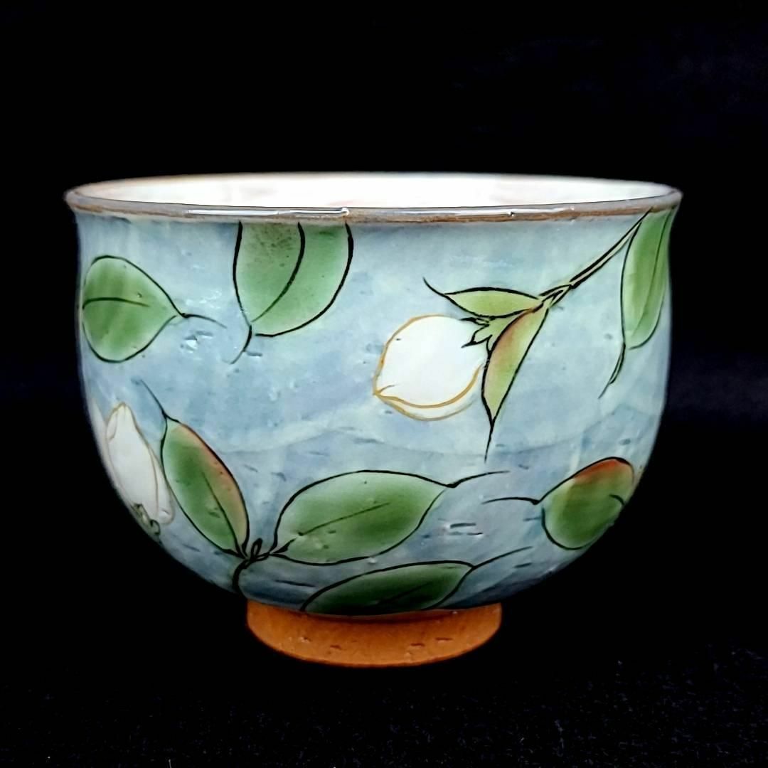 ○未使用/ 陶あん陶葊京焼色絵付け水色地オクシマ湯呑1客山桜