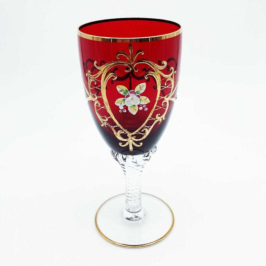 ベネチアングラス ムラノ イタリア ワイングラス レッド 金彩 花紋 VR