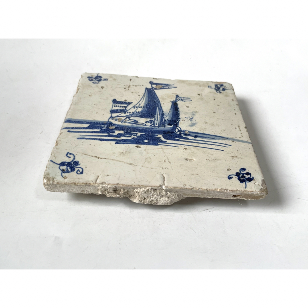 骨董 アンティーク デルフトタイル 船文様 帆船 染付 17世紀 オランダ