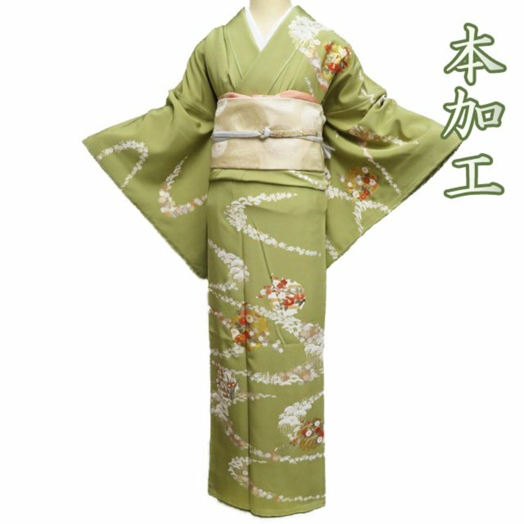 訪問着 正絹 きものやまと誂製 青灰 グレー系 金駒刺繍 しつけ糸付き