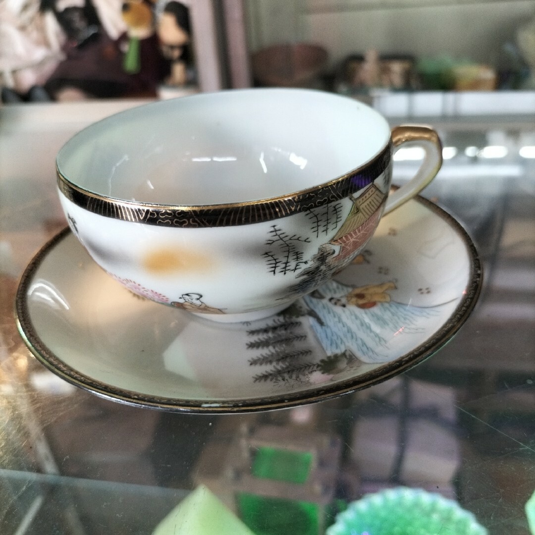 ①九谷焼コーヒーカップ 明治時代輸出品 手書き三十六歌仙 細密画 金彩