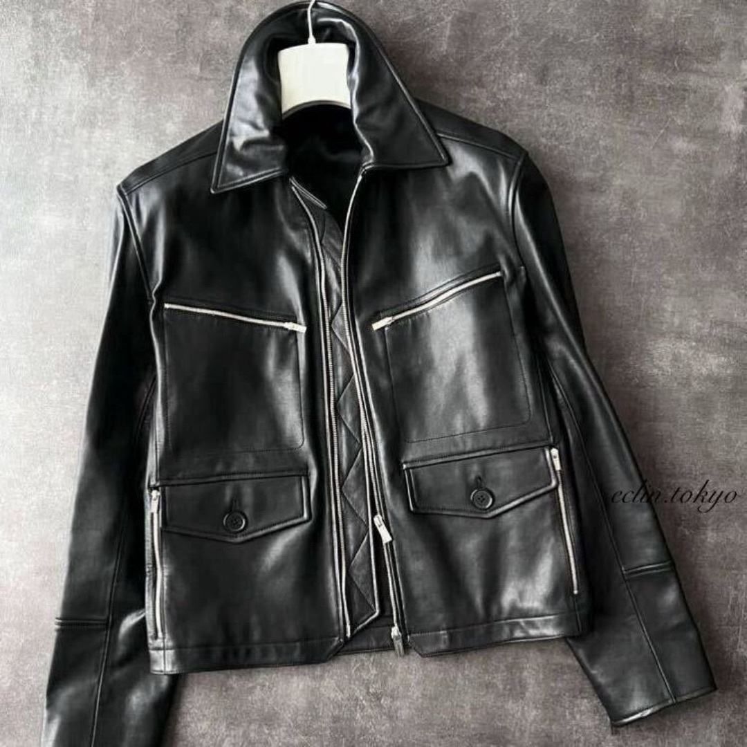 HERMES - HERMES ZIPポケットシングル レザー ライダース ジャケット