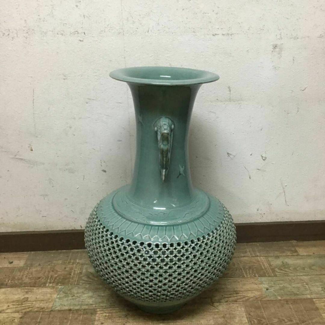 ○光玉作 高麗青磁 大壺 花瓶 双耳 雲鶴文 網目 透かし
