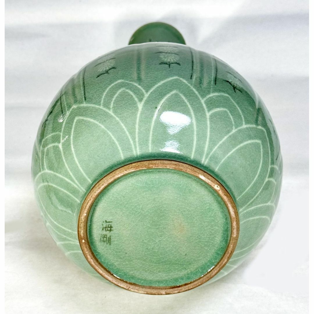 韓国人間文化財 柳海剛(柳根瀅) 高麗青磁 花瓶花象嵌細密絵付WWTT279 韓国