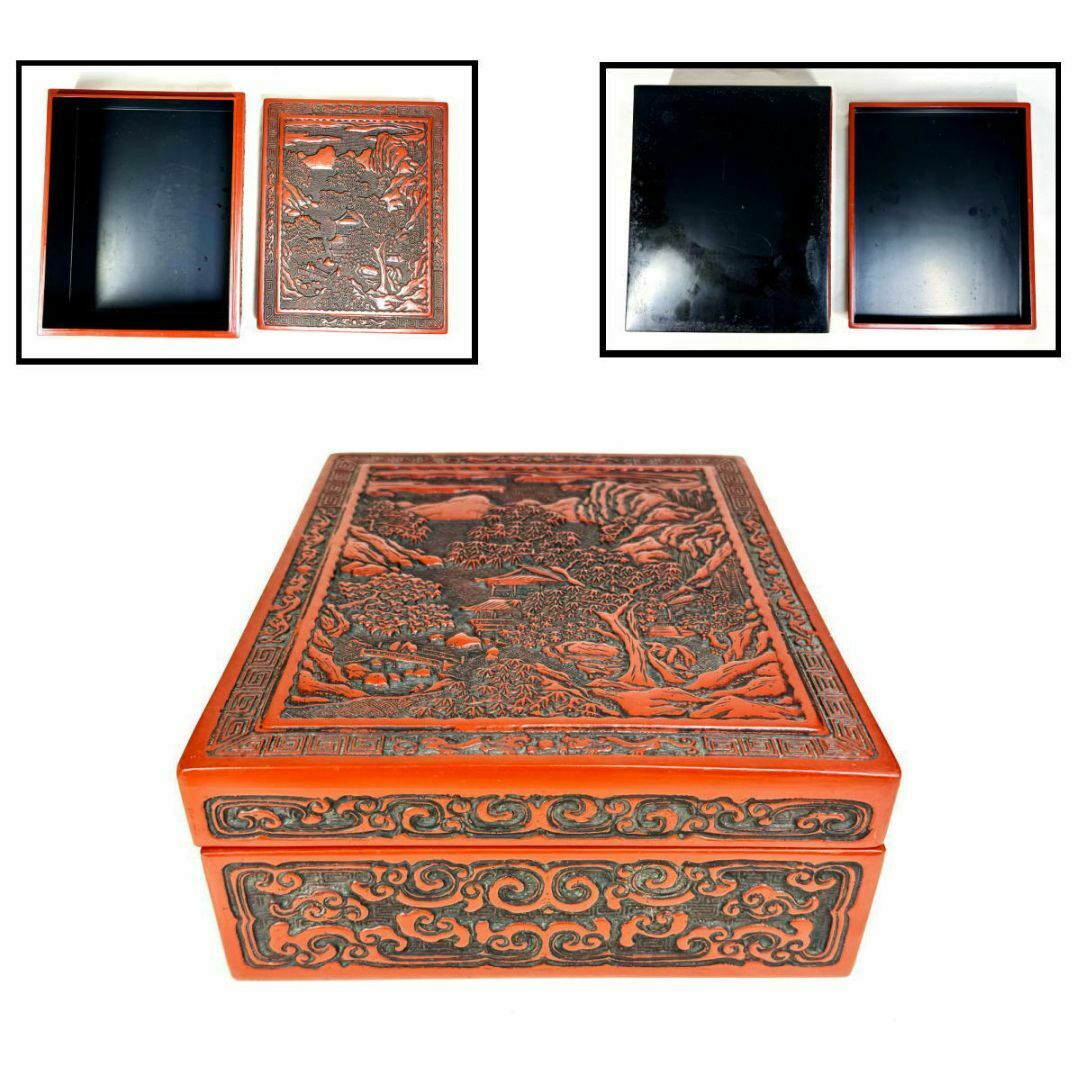 剔紅 堆朱 木製山水楼閣人物図文箱 漆器 時代物 唐物 骨董 中国
