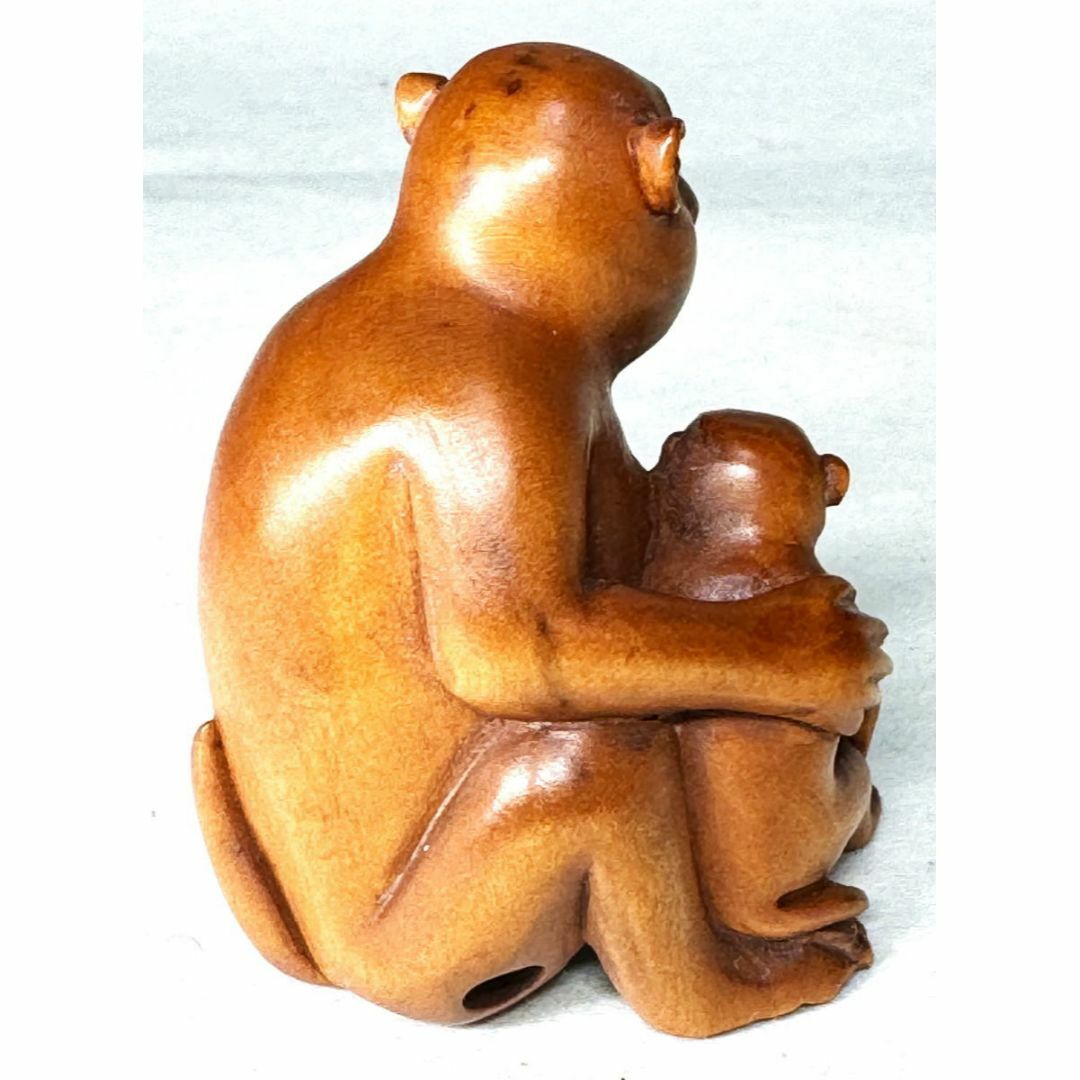 正勝銘 猿親子根付 黄楊木彫 木彫り 置物 骨董 古玩 旧蔵 WWWT056