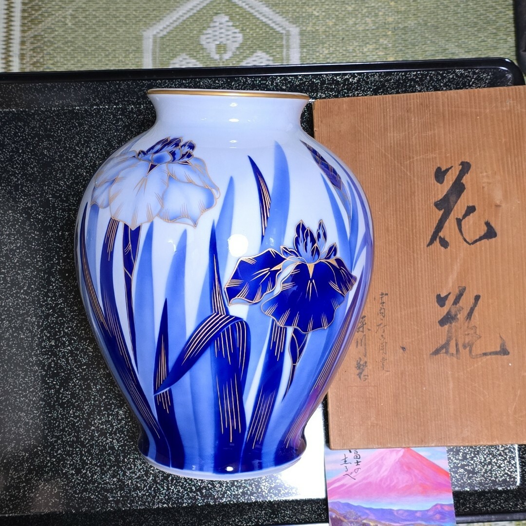 陶器花瓶と木箱セット 青緑色の花瓶 木箱付き 緑青 壺 花瓶