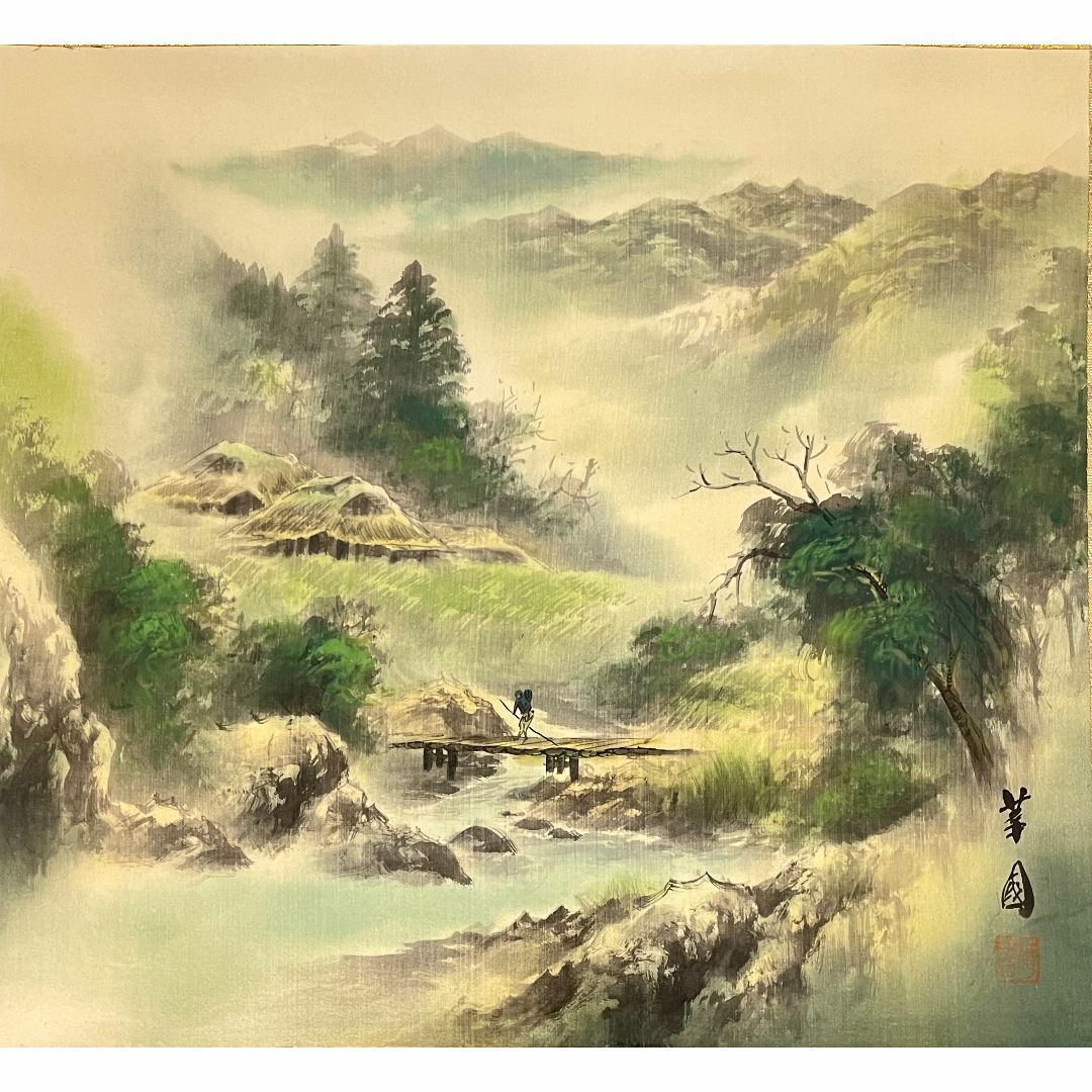 中国民国時代画家 希白 掛軸(絹本) 墨彩 「常熟山水」肉筆 中国民国時代