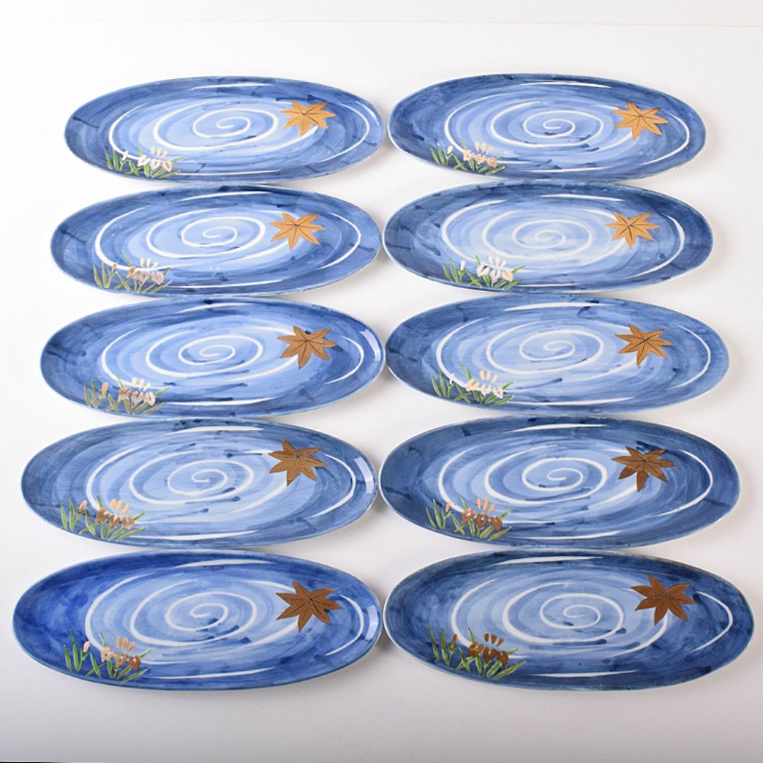 肥前有田焼 泉寿堂謹製 染錦 紅葉菖蒲文 楕円皿 十客 共