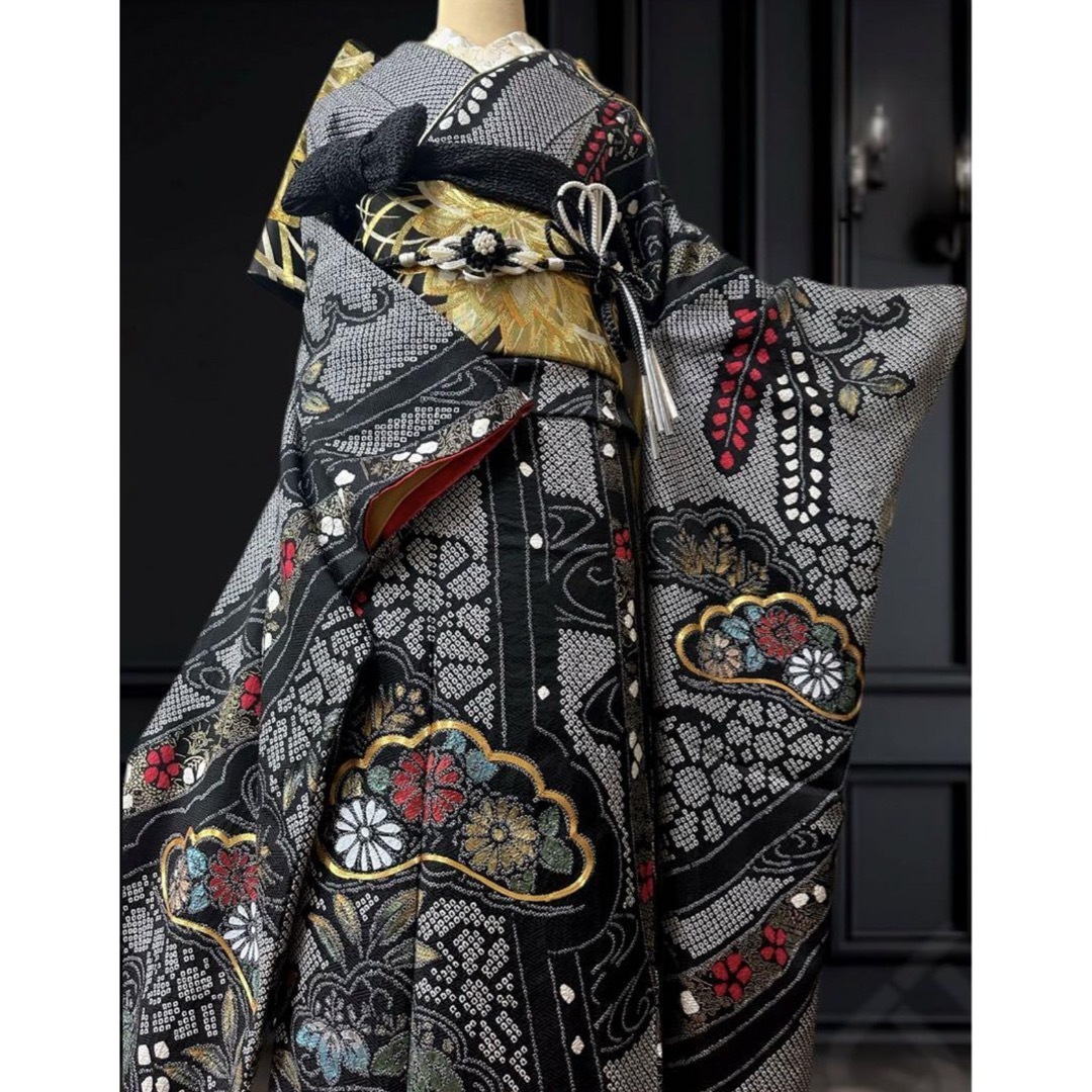 美品総絞り蝶模様手絞り金彩逸品振袖フルセット 振り袖