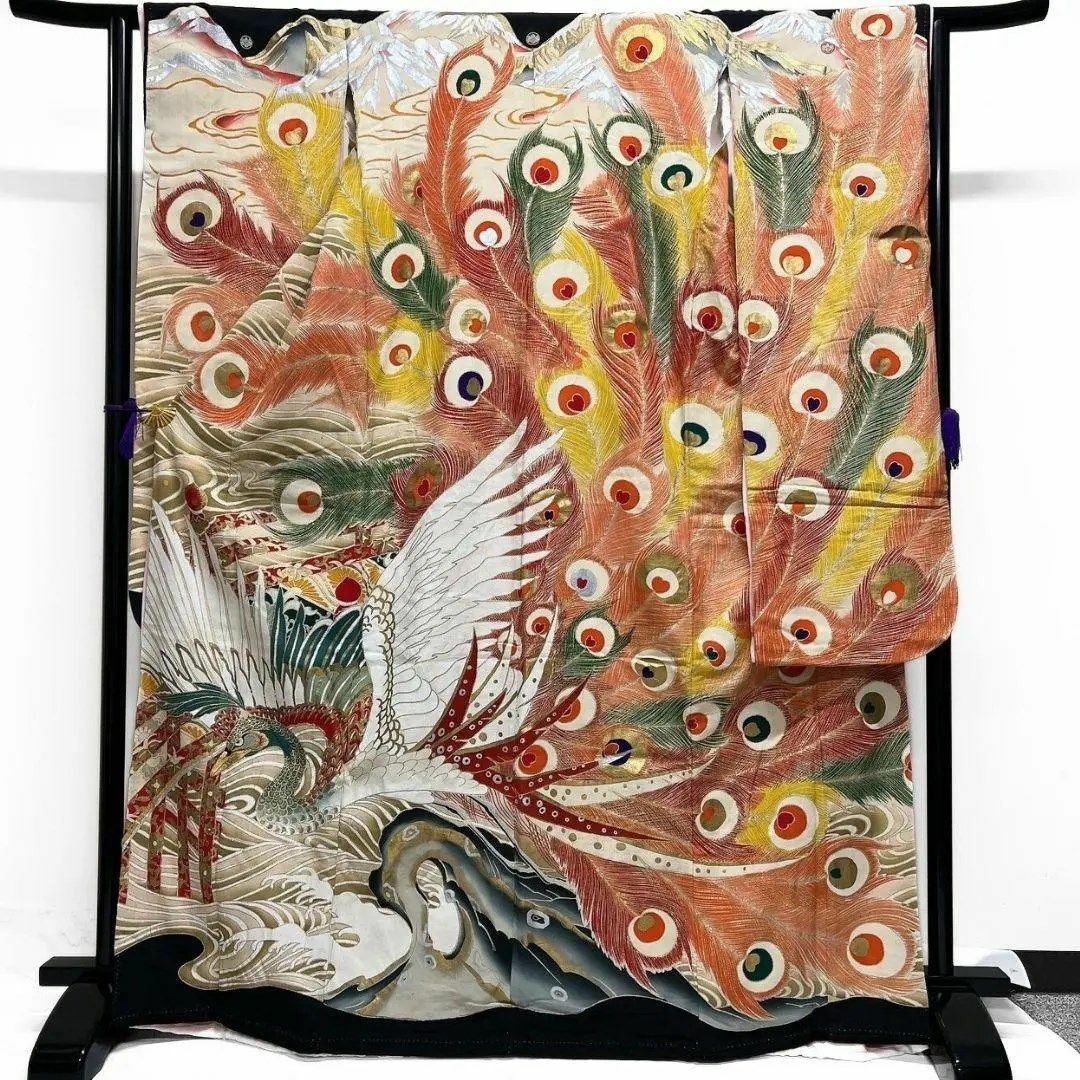 アンティーク 刺繍 金狛刺繍 鳳凰 羽模様 振袖 引き摺り 着物 104a p