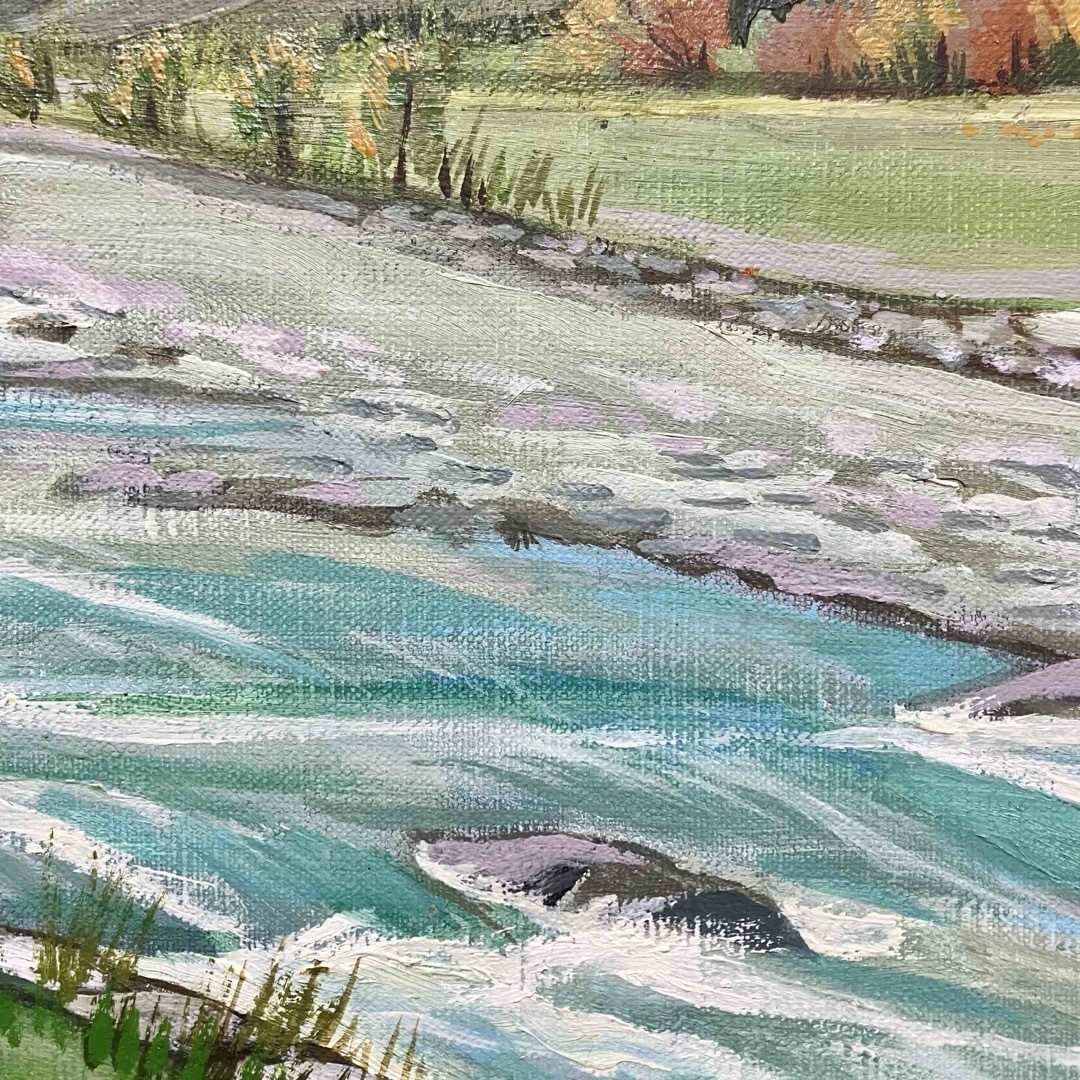 油彩画 :雪解けの春 山と川の風景＊絵画 原画 油絵 風景画