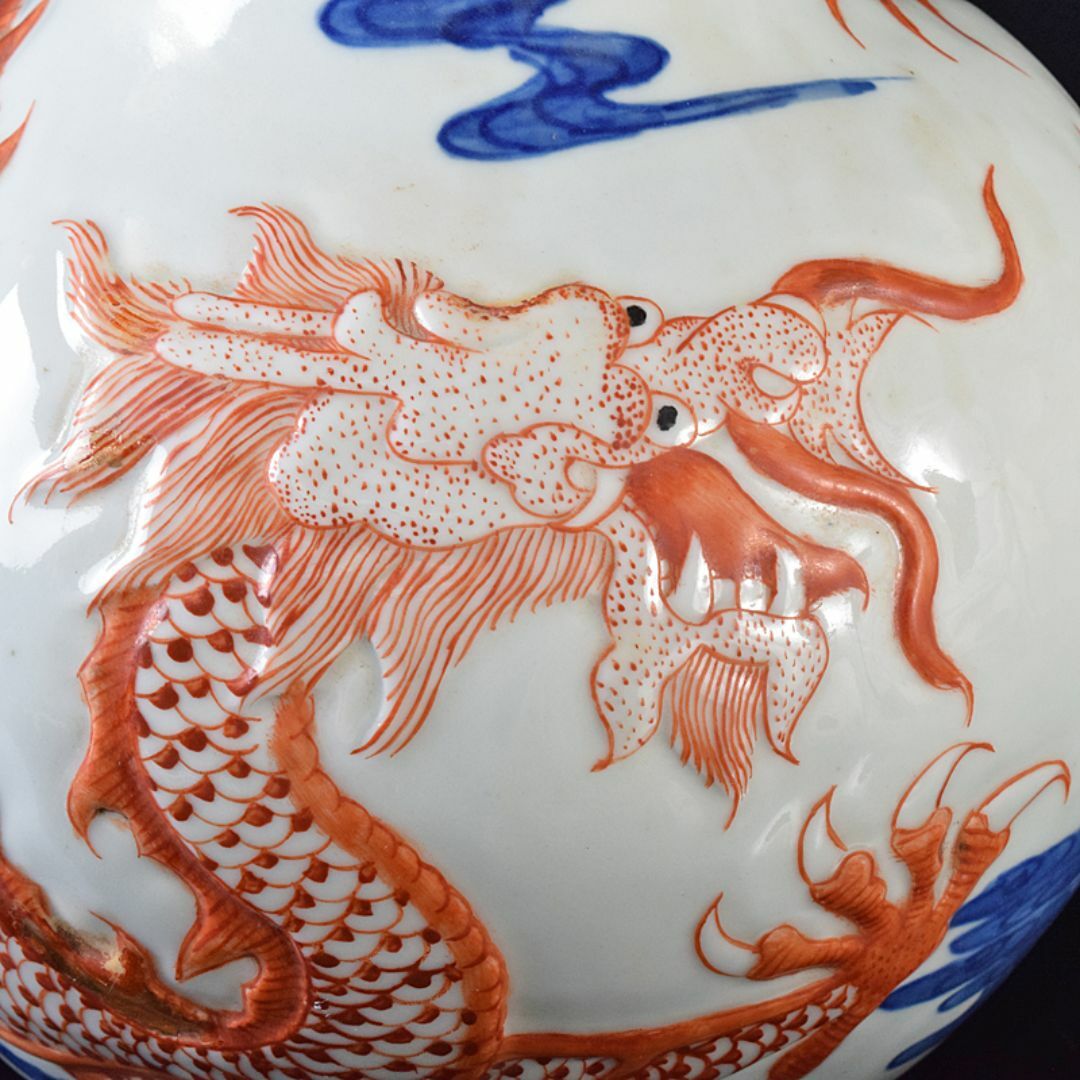 中国 大清乾隆年製款 青花紅釉盛上雲龍文 ストア 長顎瓶 M R8285B