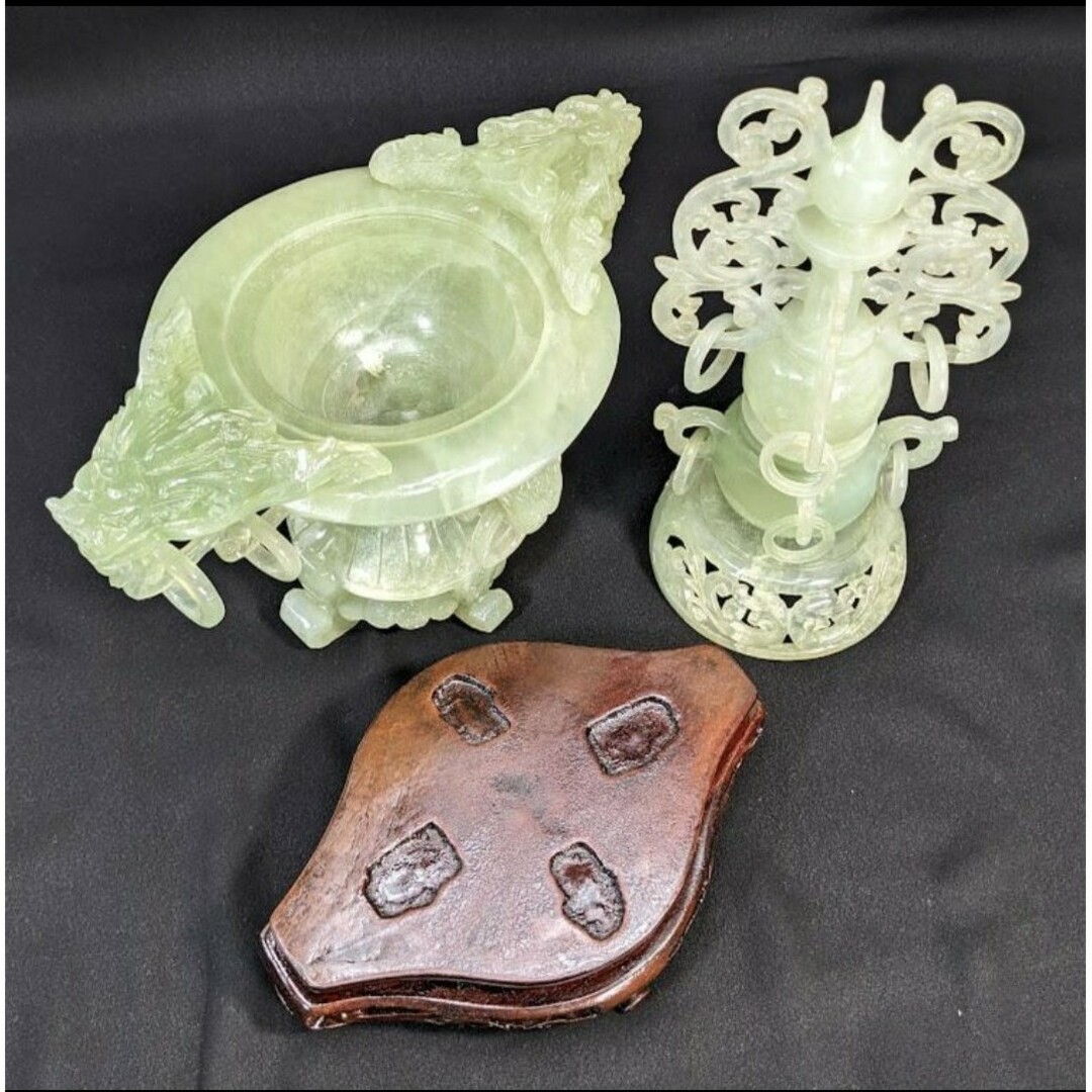 未使用 岫玉 天然石 特大香炉 遊環 龍耳 干支 四足 透かし彫り 手彫り