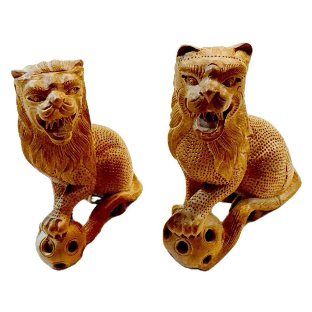 時代木製獅子 狛犬 一対 高さ：約44cm 木彫り 時代木製獅子 狛犬