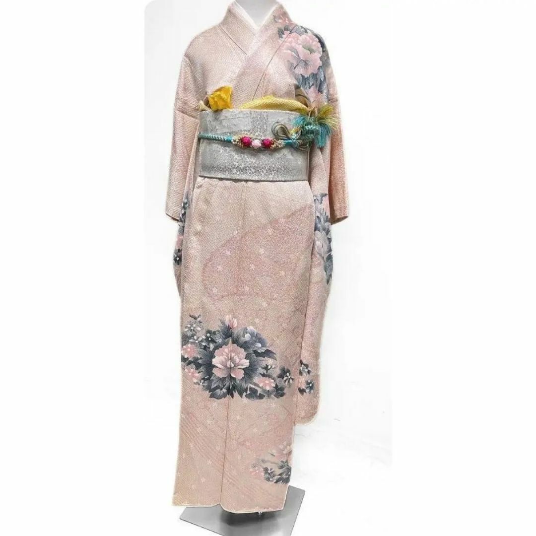 総絞り 牡丹 扇子 菊花 流線 振袖 着物 012a p