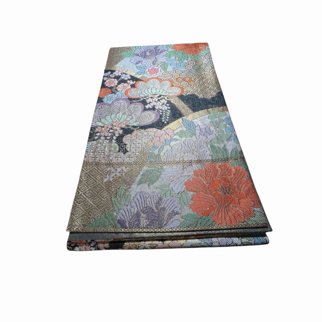 銀糸 正絹 袋帯 唐織 亀甲小花華紋 六通 振袖，留袖など 銀糸正絹袋帯