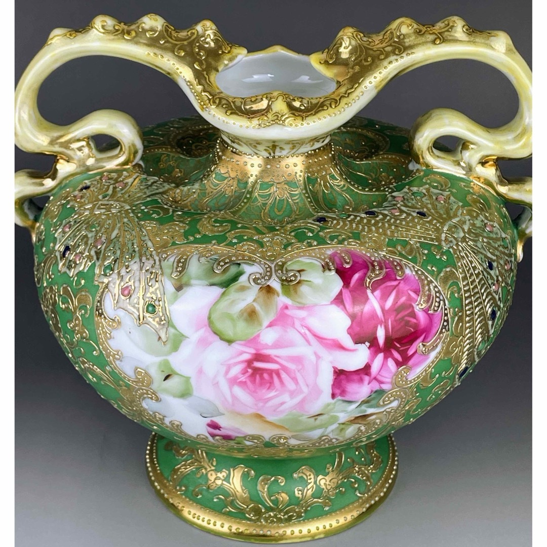 オールドノリタケ ジュエル 翠地金盛り蝶 薔薇紋花瓶 エナメル ジュール