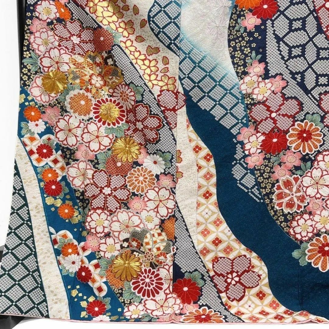 銀通し 金駒刺繍 金彩 桜花模様 花吹雪 振袖 着物 013a p