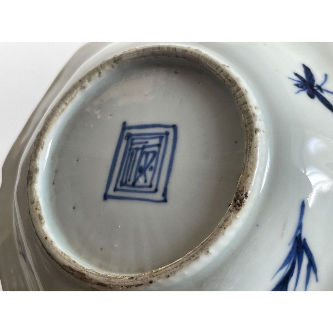 中国骨董 アンティーク 祥瑞 花文 輪花皿 六角隅入 五寸皿 小皿 角福