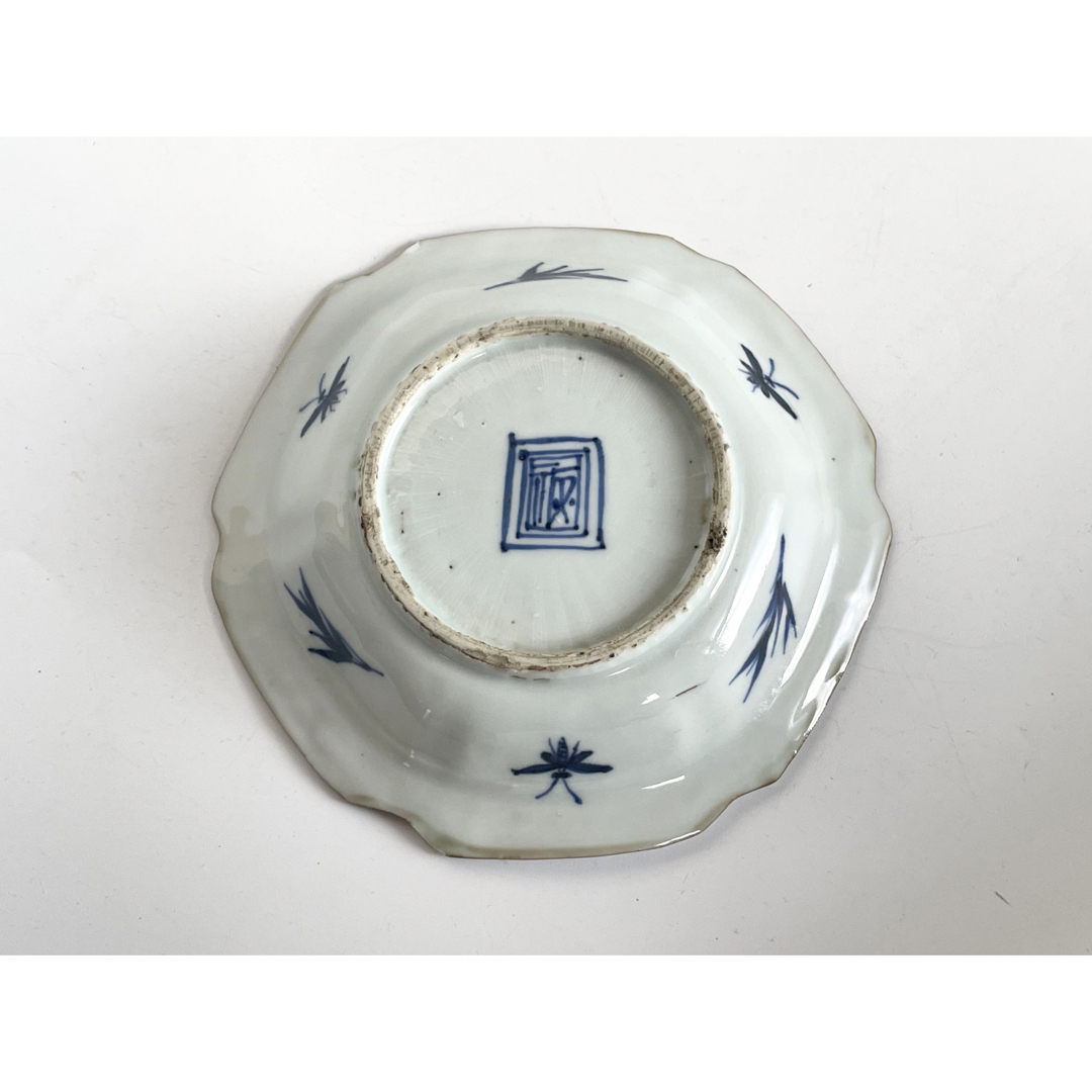 中国骨董 アンティーク 祥瑞 花文 輪花皿 六角隅入 五寸皿 小皿 角福