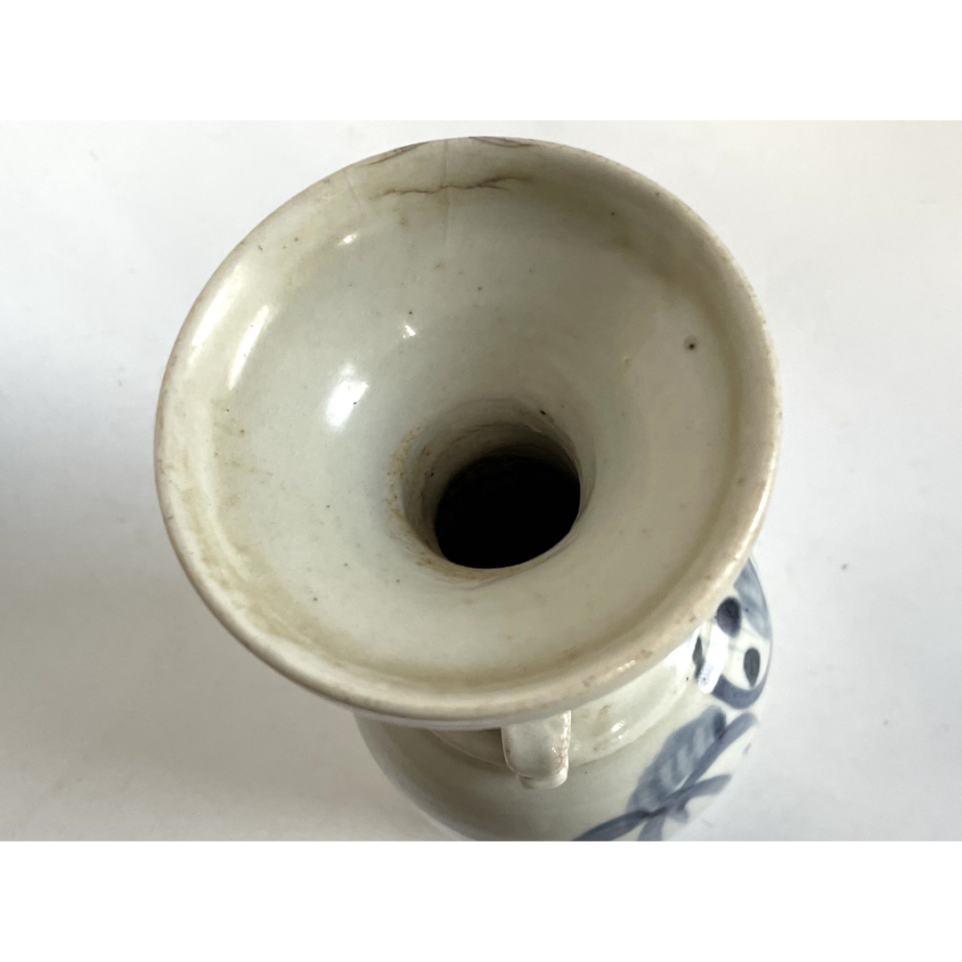 骨董 アンティーク 古伊万里 染付 双耳花入 仏花器 縁キズ 初期伊万里