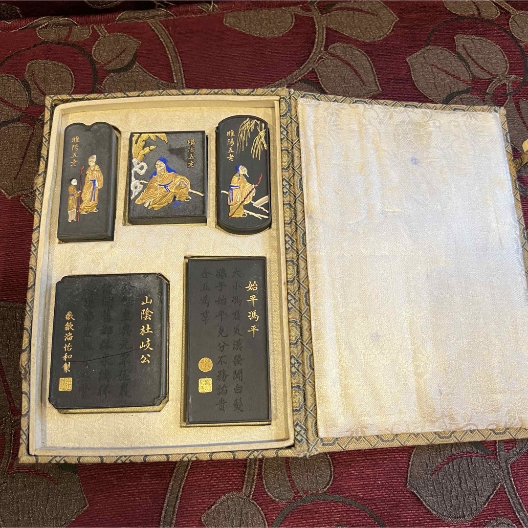 中国書画墨 小五老図古墨 未使用 5点組 中国書