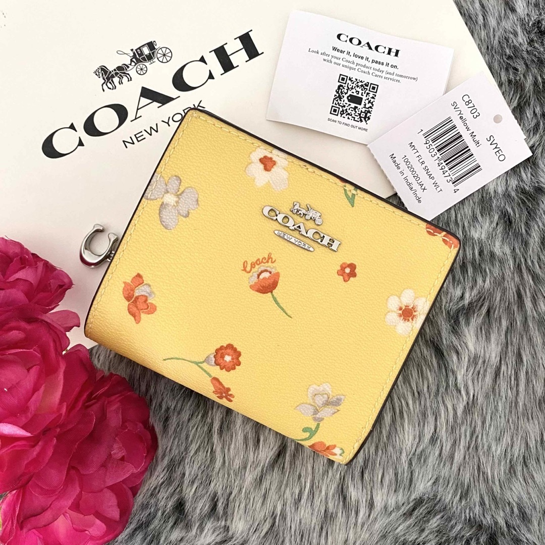 新品】COACH(コーチ)イエロー 花柄 レザー 折り財布 COACH コーチ 折り