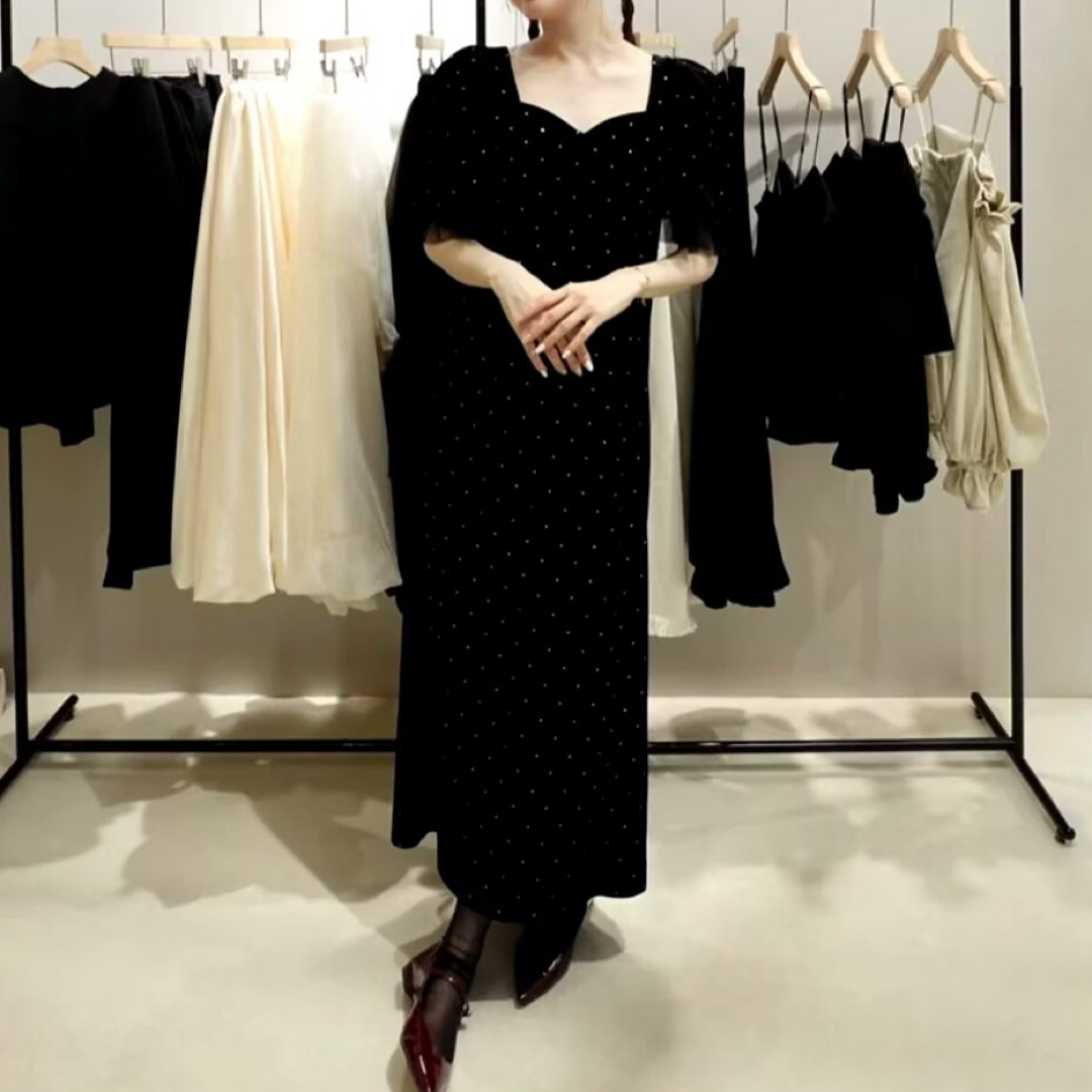 ブラックドットドレス bijou dot velours dress akca bijou dot