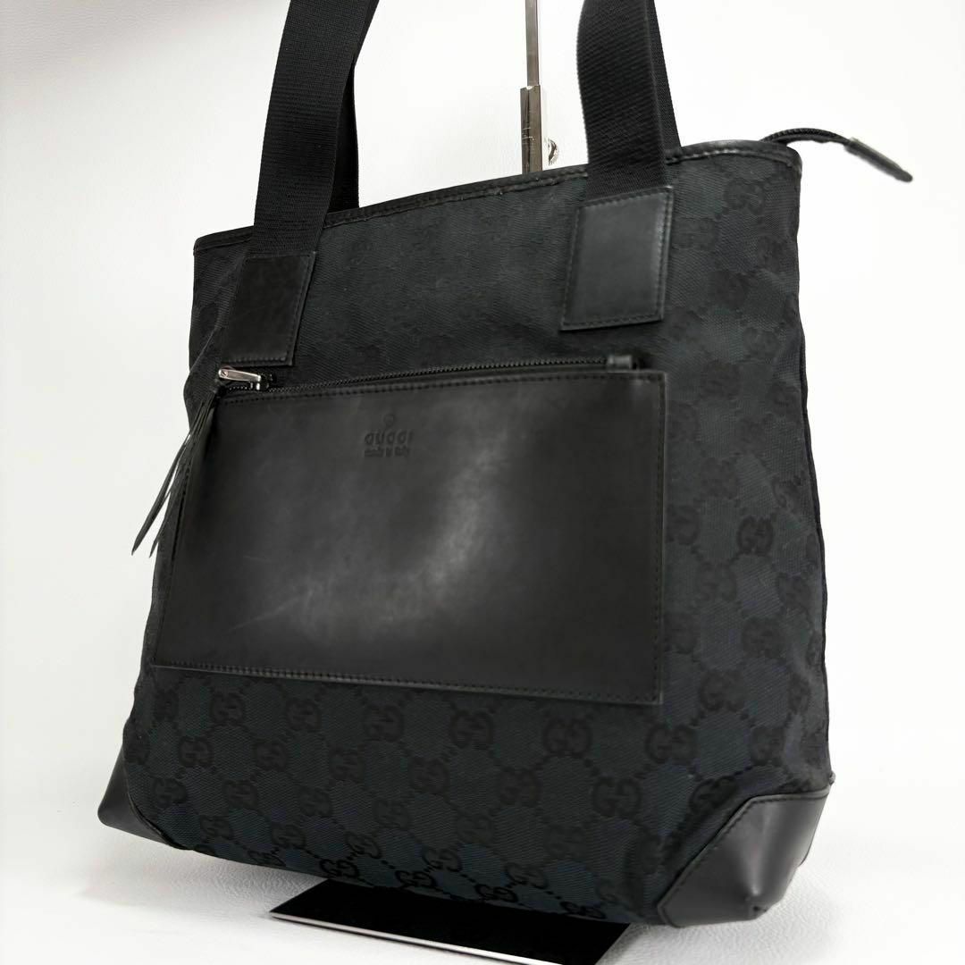 美品 グッチ トートバッグ GGキャンバス レザー 肩がけ ブラック 黒