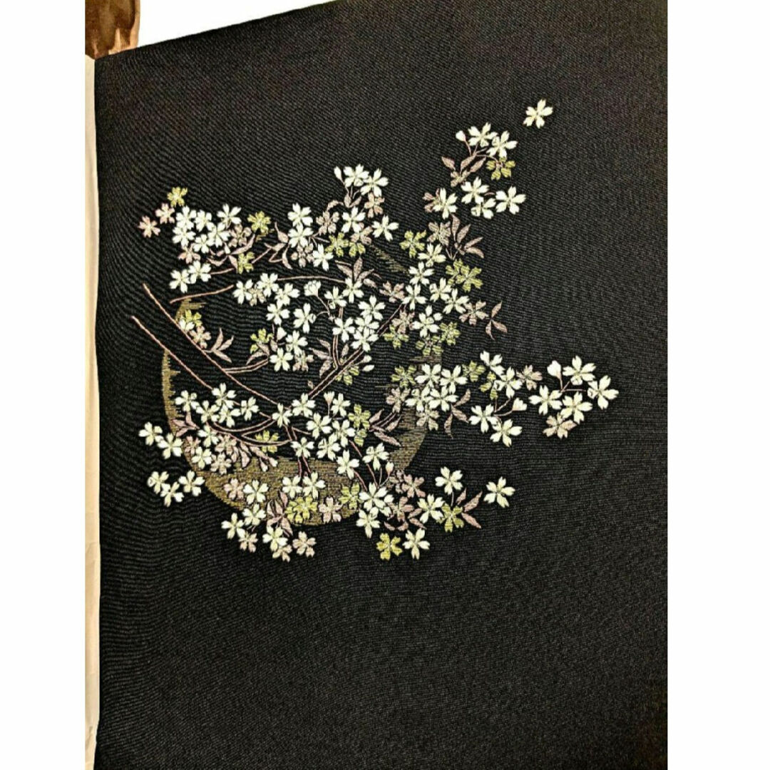 正絹 名古屋帯 桜 月 刺しゅう 日本刺繍 黒 斉藤馨