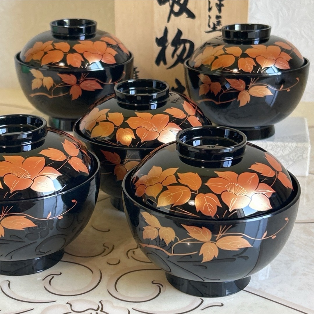 時代輪島塗 草花蒔絵 吸物椀 五客 木製 茶道具 懐石 菓子 BJ134 時代