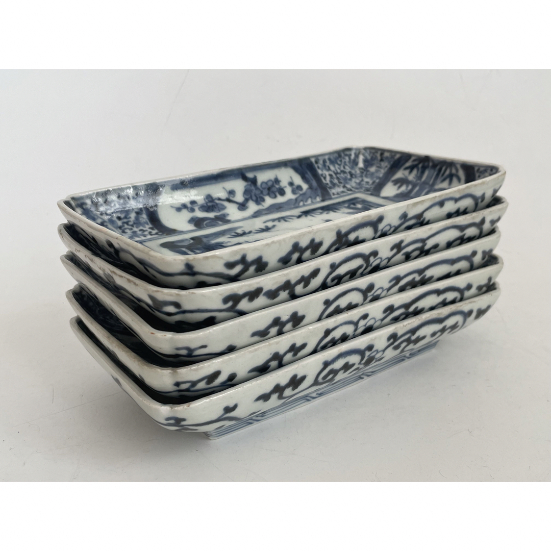 骨董 アンティーク 古伊万里 染付 松竹梅図 長方皿 長皿 鮎皿 向付